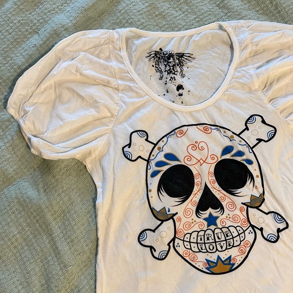 Vintage Y2K girly tee skull True Love grill Drifter Medium 1990 90s tattoo style - Picture 3 of 15